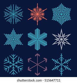 A set of 9 vector blue snowflakes on a white background. Snowflake set for winter design. Vector illustration