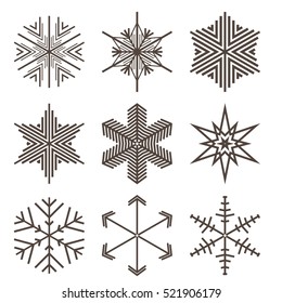 A set of 9 vector blue snowflakes on a white background. Snowflake set for winter design. Vector illustration.