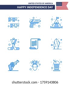 Set von 9 Vektorblues am 4. Juli USA Unabhängigkeitstag, z. B. Datei; amerikanisch; Waffen; Sport; hockey Editing USA Day Vector Design Elements