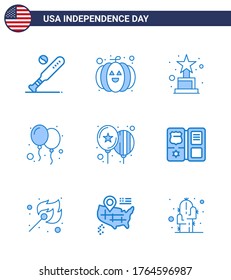 Set of 9 Vector Blues on 4th July USA Independence Day such as american; book; achievement; party; celebrate Editable USA Day Vector Design Elements