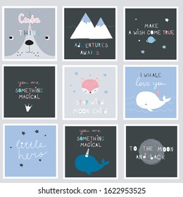 Set of 9 vector cards with animals and quotes, perfect for, greeting cards, invitations, decorations, etc.