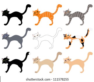 set of 9 vector cats of various colors