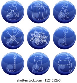 set of 9 vector christmas icons on blue button