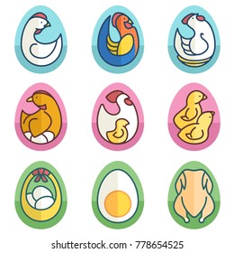 Set of 9 vector color images of hen, rooster, eggs,  chick and chicken on a transparent background. Simple, contoured, the same size, oval shape.