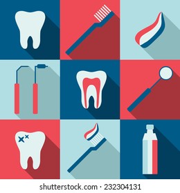 Set of 9 vector dental icons in flat design