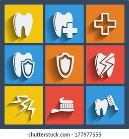 Set of 9 vector dental web and mobile icons in flat design. Symbols of medical cross, pain, tooth brush, shield