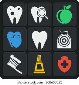 Set of 9 vector dental web and mobile icons in flat design. Aching tooth, toothbrush, protection, apple, dental floss, paste, healthcare, medical, medicine