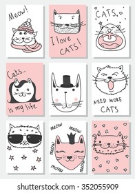 Set of 9 Vector doodle cute cats avatars