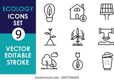 A set of 9 vector ecology icons in black outline style, featuring renewable energy, trees, water conservation, recycling, wind turbines, solar panels, and sustainability symbols
