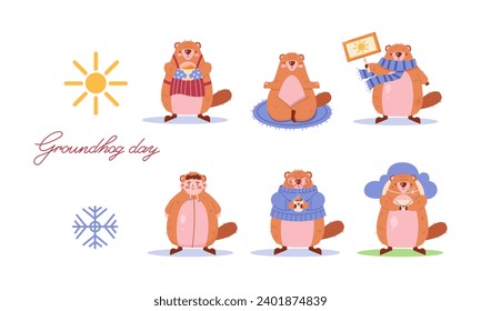 Set of 9 vector elements for Groundhog Day. Marmots, sun, snowflake, text