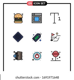 Set of 9 Vector Filledline Flat Colors on Grid for ball; finance; fast; duty; cash Editable Vector Design Elements