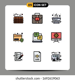 Set of 9 Vector Filledline Flat Colors on Grid for internet; security; hot; sans; data Editable Vector Design Elements