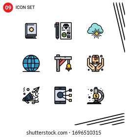 Set of 9 Vector Filledline Flat Colors on Grid for school; global; planning; education; spring Editable Vector Design Elements