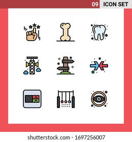 Set of 9 Vector Filledline Flat Colors on Grid for tourism; holiday; dentist; direction; communication Editable Vector Design Elements