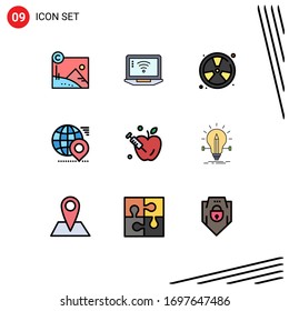 Set of 9 Vector Filledline Flat Colors on Grid for location; map; burn; earth; float Editable Vector Design Elements