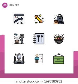 Set of 9 Vector Filledline Flat Colors on Grid for real estate; key; right; home; present Editable Vector Design Elements