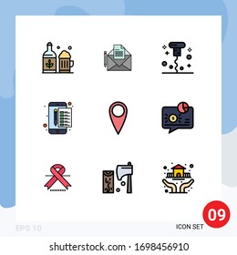 Set of 9 Vector Filledline Flat Colors on Grid for guitar; stamp; bottle; payment; archive Editable Vector Design Elements