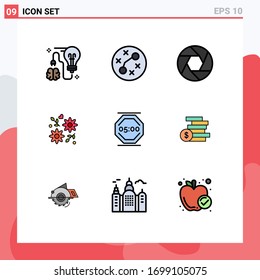 Set of 9 Vector Filledline Flat Colors on Grid for stop work; love; virus; gift; photo Editable Vector Design Elements