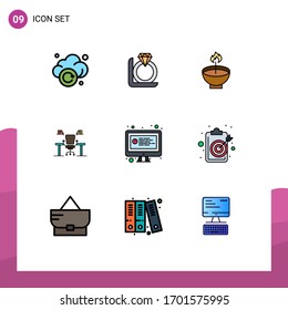 Set of 9 Vector Filledline Flat Colors on Grid for chair; table; celebrate; ligh; festival Editable Vector Design Elements