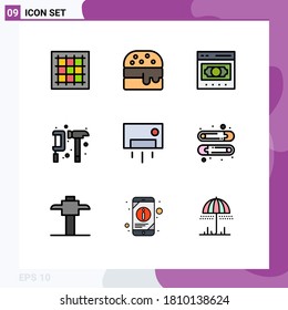 Set of 9 Vector Filledline Flat Colors on Grid for ac; gear; ecommerce; engineer; camping Editable Vector Design Elements