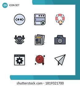 Set of 9 Vector Filledline Flat Colors on Grid for routine; newspaper; help; news; camera Editable Vector Design Elements