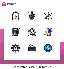 Set of 9 Vector Filledline Flat Colors on Grid for cocktail; cafe; medical; accounts; interaction Editable Vector Design Elements