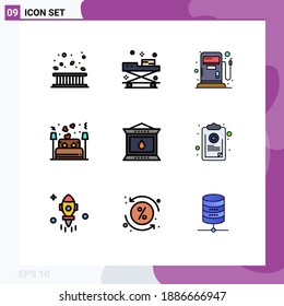 Set of 9 Vector Filledline Flat Colors on Grid for night; love; medicine; couple; station Editable Vector Design Elements