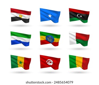 A set of 9 vector flag icons of African countries, isolated on white background. 3D style design elements from world collection created using gradient mesh