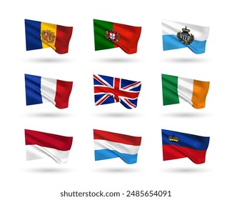 A set of 9 vector flag icons of West European countries, isolated on white background. 3D style design elements from world collection created using gradient mesh