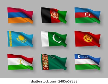 A set of 9 vector flag icons of Central Asian countries with shadows, isolated on grey background. 3D styled design elements from world collection created using gradient mesh