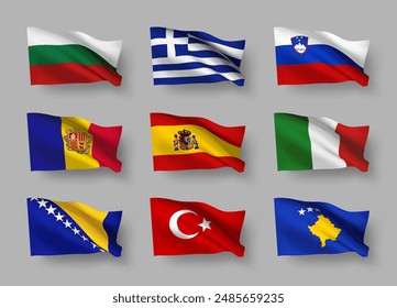 A set of 9 vector flag icons of South European countries with shadows, isolated on grey background. 3D styled design elements from world collection created using gradient mesh