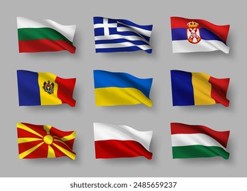 A set of 9 vector flag icons of East European countries with shadows, isolated on grey background. 3D styled design elements from world collection created using gradient mesh