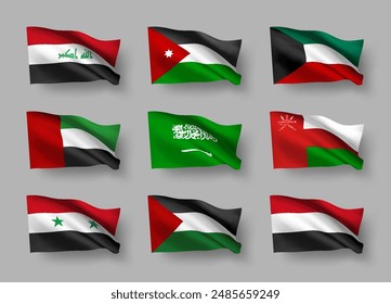 A set of 9 vector flag icons of Middle East countries with shadows, isolated on grey background. 3D styled design elements from world collection created using gradient mesh