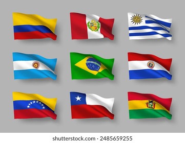 Un conjunto de 9 Vectores de países sudamericanos con sombras, aislados sobre fondo gris. Elementos de diseño con estilo 3D de la colección mundial creados con malla degradada