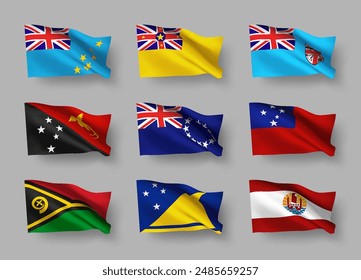 A set of 9 vector flag icons of Pacific islands countries with shadows, isolated on grey background. 3D styled design elements from world collection created using gradient mesh