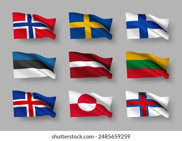 A set of 9 vector flag icons of North European countries with shadows, isolated on grey background. 3D styled design elements from world collection created using gradient mesh