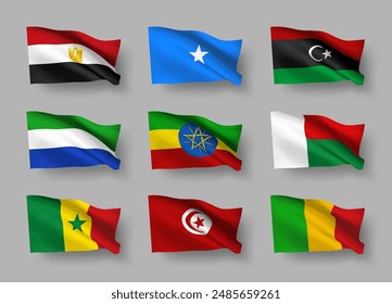 A set of 9 vector flag icons of African countries with shadows, isolated on grey background. 3D styled design elements from world collection created using gradient mesh