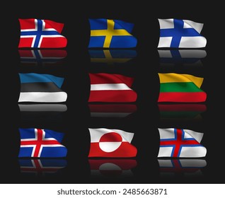 A set of 9 vector flag icons of North European countries with reflection effect, isolated on black background. 3D design elements from world collection created using gradient mesh