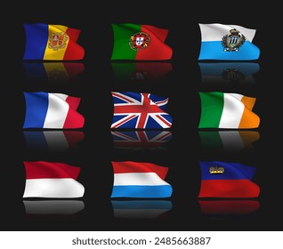 Set of 9 vector flag icons of West European countries with reflection effect, isolated on black background. 3D styled elements from world collection created using gradient mesh