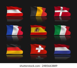 Set of 9 vector flag icons of West European countries with reflection effect, isolated on black background. 3D styled elements from world collection created using gradient mesh