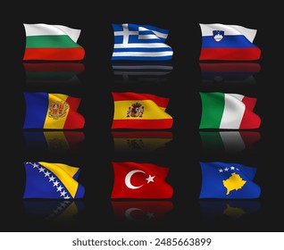 A set of 9 vector flag icons of South European countries with reflection effect, isolated on black background. 3D styled elements from world collection created using gradient mesh