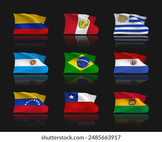 A set of 9 vector flag icons of South American countries with reflection effect, isolated on black background. 3D styled elements from world collection created using gradient mesh