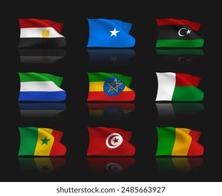 A set of 9 vector flag icons of African countries with reflection effect, isolated on black background. 3D styled design elements from world collection created using gradient mesh