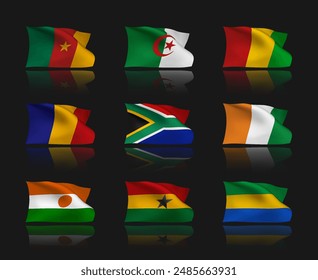 A set of 9 vector flag icons of African countries with reflection effect, isolated on black background. 3D styled design elements from world collection created using gradient mesh