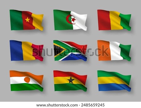 A set of 9 vector flag icons of African countries with shadows, isolated on grey background. 3D styled design elements from world collection created using gradient mesh