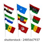 A set of 9 vector flags of African countries, with metallic flagpole, isolated on white background. 3D wavy design elements from world collection created using gradient mesh