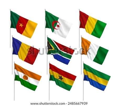 A set of 9 vector flags of African countries, with metallic flagpole, isolated on white background. 3D wavy design elements from world collection created using gradient mesh