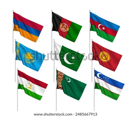 A set of 9 vector flags of Central Asian countries, with metallic flagpole, isolated on white background. 3D wavy design elements from world collection created using gradient mesh