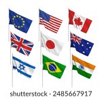 A set of 9 vector flags of countries, with metallic flagpole, isolated on white background. 3D wavy design elements from world collection created using gradient mesh