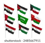 A set of 9 vector flags of Middle East countries, with metallic flagpole, isolated on white background. 3D wavy design elements from world collection created using gradient mesh